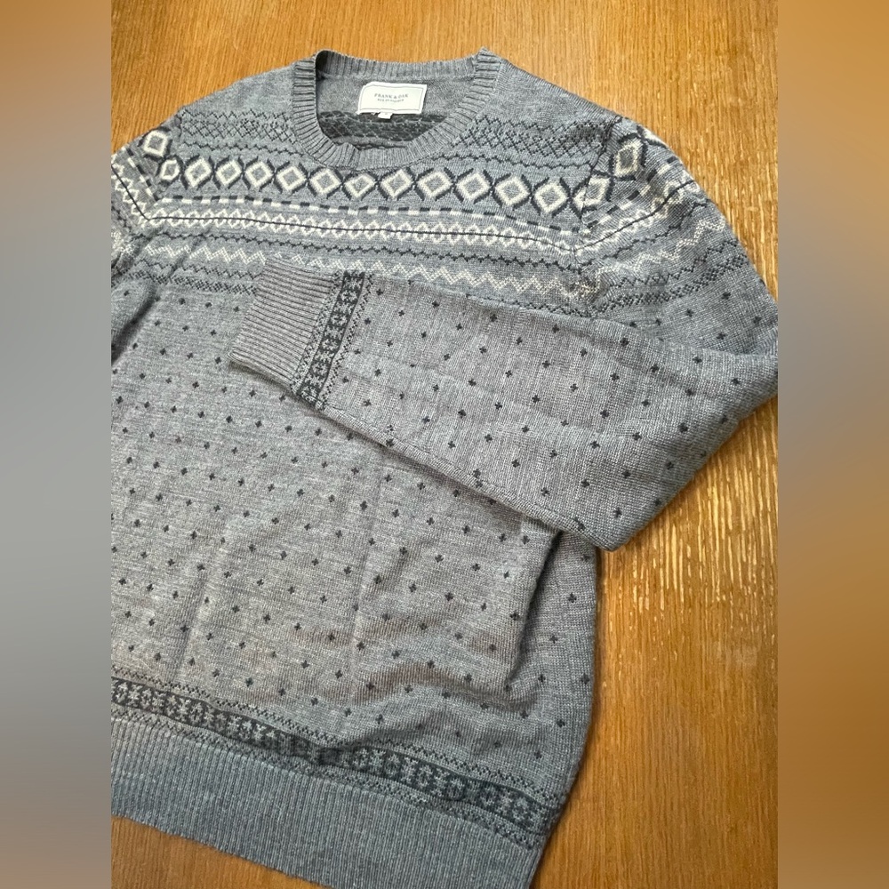 Frank & Oak sweater mens M fair isle wool blend grey outdoor ski lodge costal